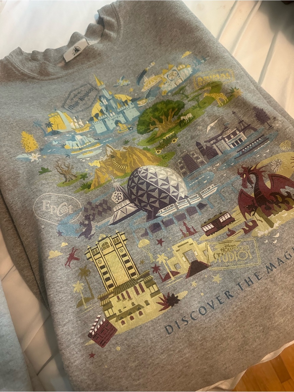 Disney Parks Graphic Sweatshirt - Gray with Multicolor Park Icons